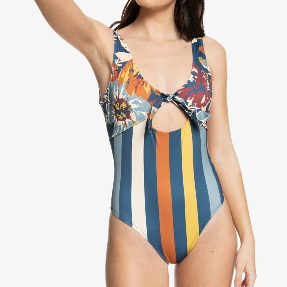 🦋 Quiksilver Tie Front One Piece Swimsuit Dark Denim Large NWT